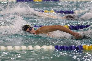 Shorecrest’s Colton Stoecker wins Heat 2 of the 500 Yard Freestyle during the 3A District 1 swim and dive championships at Snohomish Aquatic Center, in Snohomish, Washington on Saturday, Feb. 11, 2023.  (Annie Barker / The Herald)
