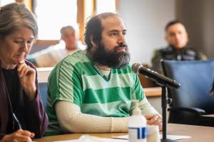 Sabel Rodriguez listens to victim impact statements during his plea hearing at the Snohomish County Courthouse on Wednesday, Feb. 15, 2023 in Everett, Washington. (Olivia Vanni / The Herald)