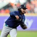Seattle Mariners relief pitcher Andres Munoz during the eighth inning in Game 1 of an American League Division Series baseball game against the Houston Astros in Houston,Tuesday, Oct. 11, 2022. (AP Photo/Kevin M. Cox)