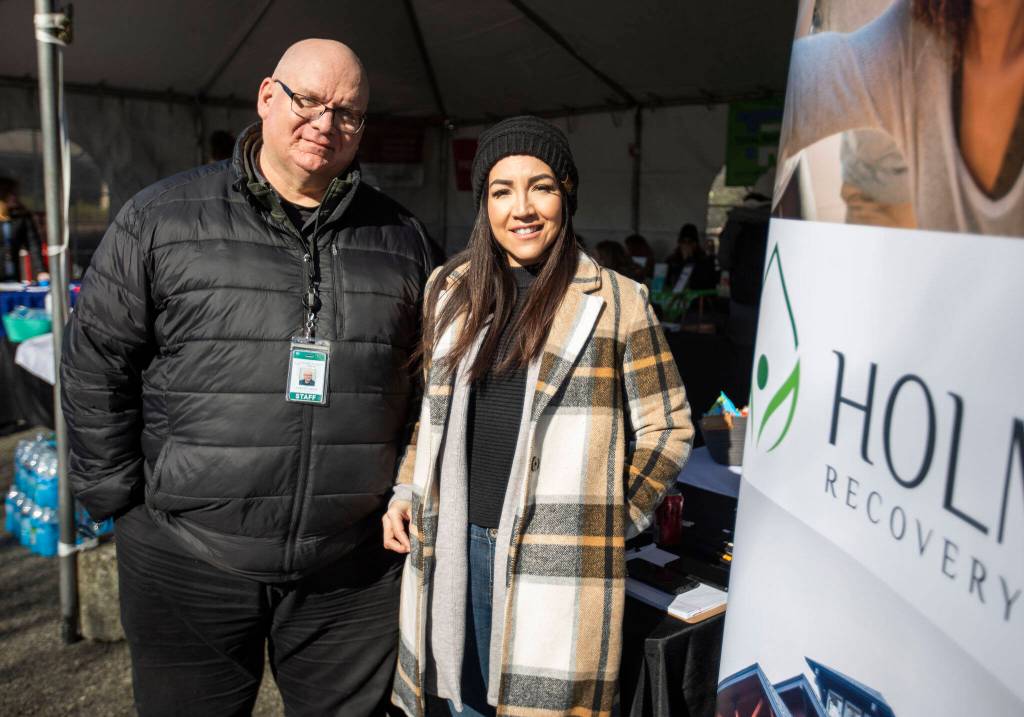 Edmund Smith and Sophie Haines with Holman Recovery Center on Friday, in Marysville. (Olivia Vanni / The Herald)