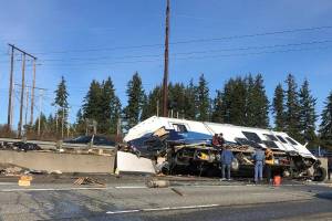 Collision on I-5 north of the SR 526 and Boeing Freeway interchange Tuesday morning, Feb. 15 in Everett.  (Joy Borkholder / The Herald)