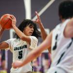 Jacksons Sylas Williams (5) moves with the ball during a game between Jackson and Mariner at Lake Washington High School in Kirkland, Washington on Thursday, Feb. 16, 2023. After an intense back-and-forth in the final period Mariner defeated Jackson, 77-76. (Annie Barker / The Herald)