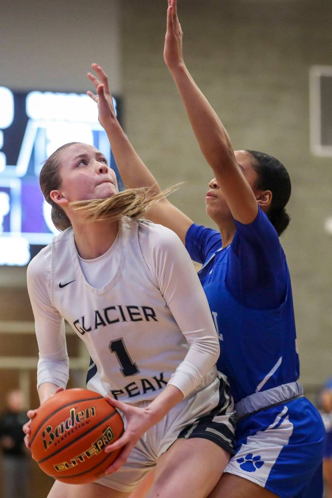 Glacier Peaks Kylani Rookstool (1) shoots the ball during a game between Glacier Peak and Bothell at Lake Washington High School in Kirkland, Washington on Thursday, Feb. 16, 2023. Bothell won, 57-38. (Annie Barker / The Herald)