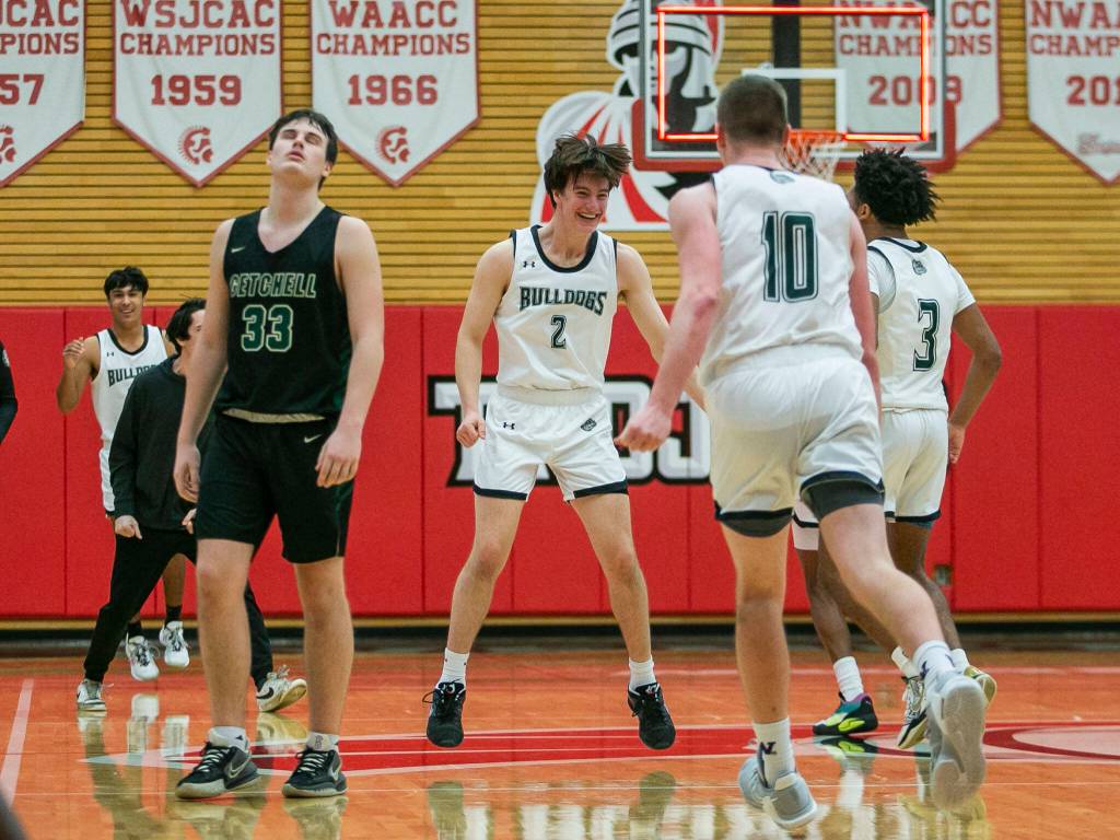 Marysville-Getchells Wyatt Harris reacts to losing to Mount Vernon on Friday, Feb. 17, 2023 in Everett, Washington. (Olivia Vanni / The Herald)