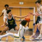 Shorecrests Keaine Silimon tries to pass off the ball to his teammate while Everetts Isaiah Parker tries to steal the ball during the game on Friday, Feb. 17, 2023 in Everett, Washington. (Olivia Vanni / The Herald)