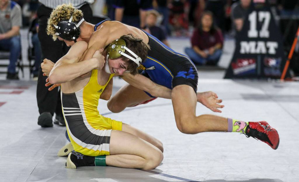 Darringtons Aksel Espeland and Tonaskets Aaron Polito wrestle during the 1B/2B Boys 126-pound championship match during the Mat Classic XXXIV at the Tacoma Dome in Tacoma, Washington on Saturday, Feb. 18, 2023. (Annie Barker / The Herald)