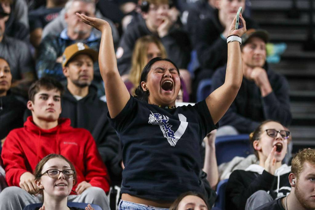 Fans cheer during the Mat Classic XXXIV at the Tacoma Dome in Tacoma, Washington on Saturday, Feb. 18, 2023. (Annie Barker / The Herald)