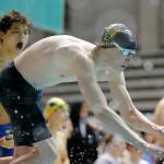 Shorecrest senior Sean Neils begins his dive for the anchor leg of the 200 yard freestyle relay final at the 3A WIAA Boys High School Swim and Dive Championships on Friday, Feb. 18, 2023, at the Weyerhaeuser King County Aquatic Center in Federal Way, Washington. (Ryan Berry / The Herald)