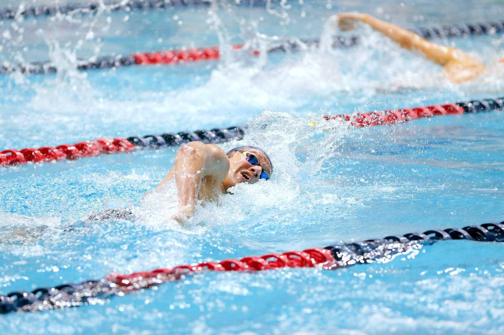 Glacier Peak junior Brendan Gaffney swims in the 200 yard freestyle consolation race at the 4A WIAA Boys High School Swim and Dive Championships on Friday, Feb. 18, 2023, at the Weyerhaeuser King County Aquatic Center in Federal Way, Washington. (Ryan Berry / The Herald)