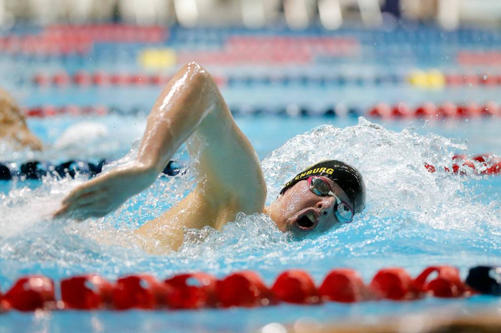 Shorecrest senior Liam Muilenburg swims in the 500 yard freestyle consolation at the 3A WIAA Boys High School Swim and Dive Championships on Friday, Feb. 18, 2023, at the Weyerhaeuser King County Aquatic Center in Federal Way, Washington. (Ryan Berry / The Herald)