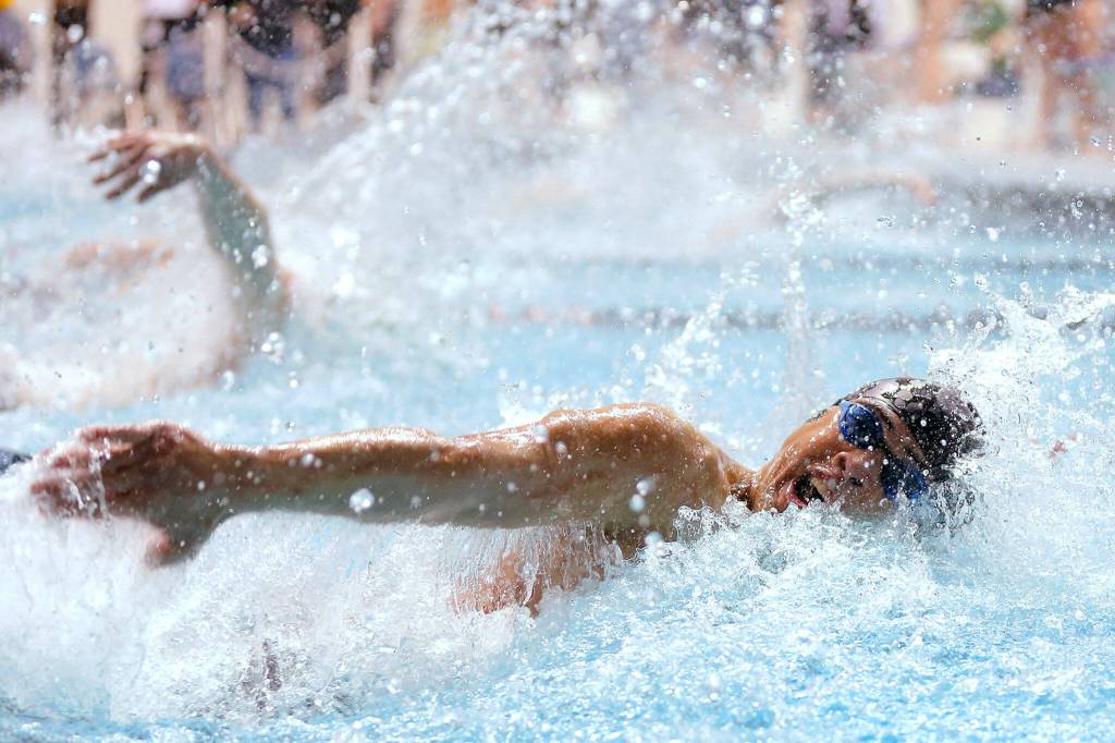 Jackson junior Ethan Chen-Parks races to a 7th-place finish in the 50 yard freestyle final at the 4A WIAA Boys High School Swim and Dive Championships on Friday, Feb. 18, 2023, at the Weyerhaeuser King County Aquatic Center in Federal Way, Washington. (Ryan Berry / The Herald)