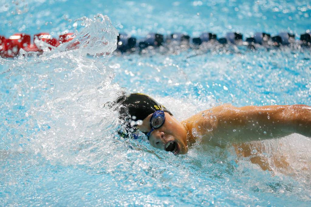 Shorecrest sophomore Colton Stoecker swims in the 200 yard freestyle consolation race at the 3A WIAA Boys High School Swim and Dive Championships on Friday, Feb. 18, 2023, at the Weyerhaeuser King County Aquatic Center in Federal Way, Washington. (Ryan Berry / The Herald)