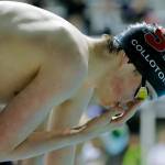 Snohomish sophomore Connor Colloton adjusts his goggles prior to the 400 yard freestyle relay consolation race at the 3A WIAA Boys High School Swim and Dive Championships on Friday, Feb. 18, 2023, at the Weyerhaeuser King County Aquatic Center in Federal Way, Washington. (Ryan Berry / The Herald)