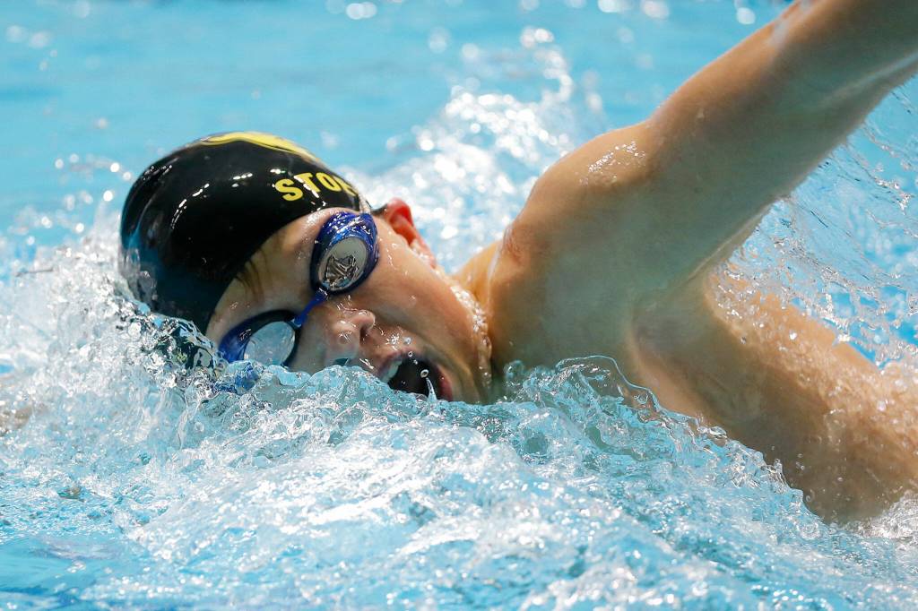 Shorecrest sophomore Colton Stoecker swims in the 500 yard freestyle final at the 3A WIAA Boys High School Swim and Dive Championships on Friday, Feb. 18, 2023, at the Weyerhaeuser King County Aquatic Center in Federal Way, Washington. (Ryan Berry / The Herald)