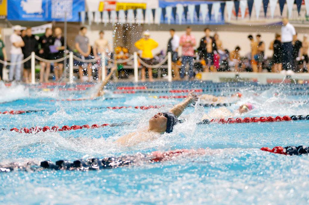 Glacier Peak junior Kaiu Taylor competes in the 100 yard backstroke consolation race at the 4A WIAA Boys High School Swim and Dive Championships on Friday, Feb. 18, 2023, at the Weyerhaeuser King County Aquatic Center in Federal Way, Washington. (Ryan Berry / The Herald)