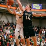 Mountlake Terraces Chris Meegan attempts a layup during the game against Arlington on Saturday, Feb. 18, 2023 in Everett, Washington. (Olivia Vanni / The Herald)