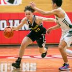 Everetts Daniel Savovic drives to the hoop during the game against Marysville Getchell on Saturday, Feb. 18, 2023 in Everett, Washington. (Olivia Vanni / The Herald)