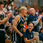 Everetts Jakob Taft reacts to a score by a teammate during the game against Marysville Getchell on Saturday, Feb. 18, 2023 in Everett, Washington. (Olivia Vanni / The Herald)