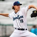 Bryce Miller pitches during a game against the Tri-City Dust Devils on Wednesday, June 15, 2022 in Everett, Washington. (Olivia Vanni / The Herald)