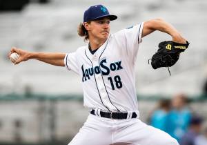 Olivia Vanni / The Herald
Bryce Miller pitches for the AquaSox during a game against the Tri-City Dust Devils on June 15, 2022, at Funko Field in Everett.