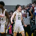 Shorecrests Parker Baumann reacts to a foul call during the game against Stadium on Tuesday, Feb. 21, 2023 in Shoreline, Washington. (Olivia Vanni / The Herald)