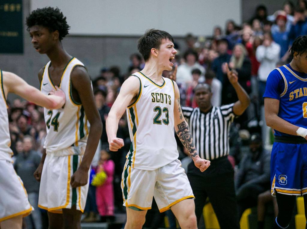 Shorecrests Parker Baumann reacts to a foul call during the game against Stadium on Tuesday, Feb. 21, 2023 in Shoreline, Washington. (Olivia Vanni / The Herald)