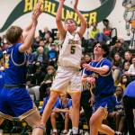 Shorecrests Brayden Fischer attempts a three-point shot during the game against Stadium on Tuesday, Feb. 21, 2023 in Shoreline, Washington. (Olivia Vanni / The Herald)