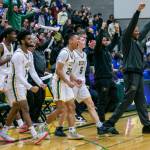 The Shorecrest players and coaches reacts to beating Stadium on Tuesday, Feb. 21, 2023 in Shoreline, Washington. (Olivia Vanni / The Herald)