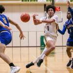 Shorecrests Keaine Silimon passes the ball during the game against Stadium on Tuesday, Feb. 21, 2023 in Shoreline, Washington. (Olivia Vanni / The Herald)