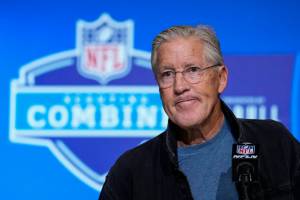 Seattle Seahawks head coach Pete Carroll speaks during a press conference at the NFL football scouting combine in Indianapolis, Tuesday, Feb. 28, 2023. (AP Photo/Michael Conroy)