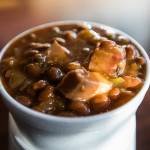 A cup of fresh brisket baked beans from Jeff's Texas Style BBQ. (Olivia Vanni / The Herald)