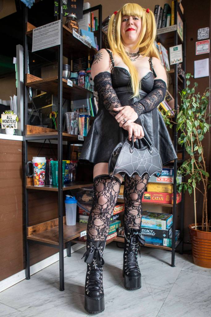 Arielle Kelton-Wafstet, 27, poses for a photo cosplaying as Misa from &ldquo;Death Note&rdquo; at Catalyst Café in Everett, Washington on Wednesday, Feb. 22, 2023. She will be attending Emerald City Comic Con this year. (Annie Barker / The Herald)
