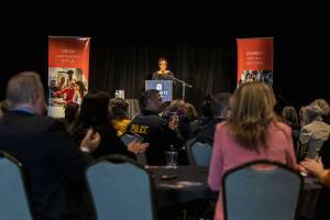 Mayor Cassie Franklin gives the State of Everett Update at the Edward Hansen Conference Center in Everett, Washington on Thursday, March 9, 2023. (Annie Barker / The Herald)