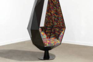 This steel pod chair garnered extra interest from collectors due to its upholstery  a graffiti version of the Declaration of Independence designed by Stephen Sprouse for Knoll.