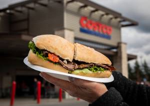 A new $9.99 roast beef sandwich tested at the Lynnwood Costco food court of low-priced fare is blowing up on social media. (Olivia Vanni / The Herald)