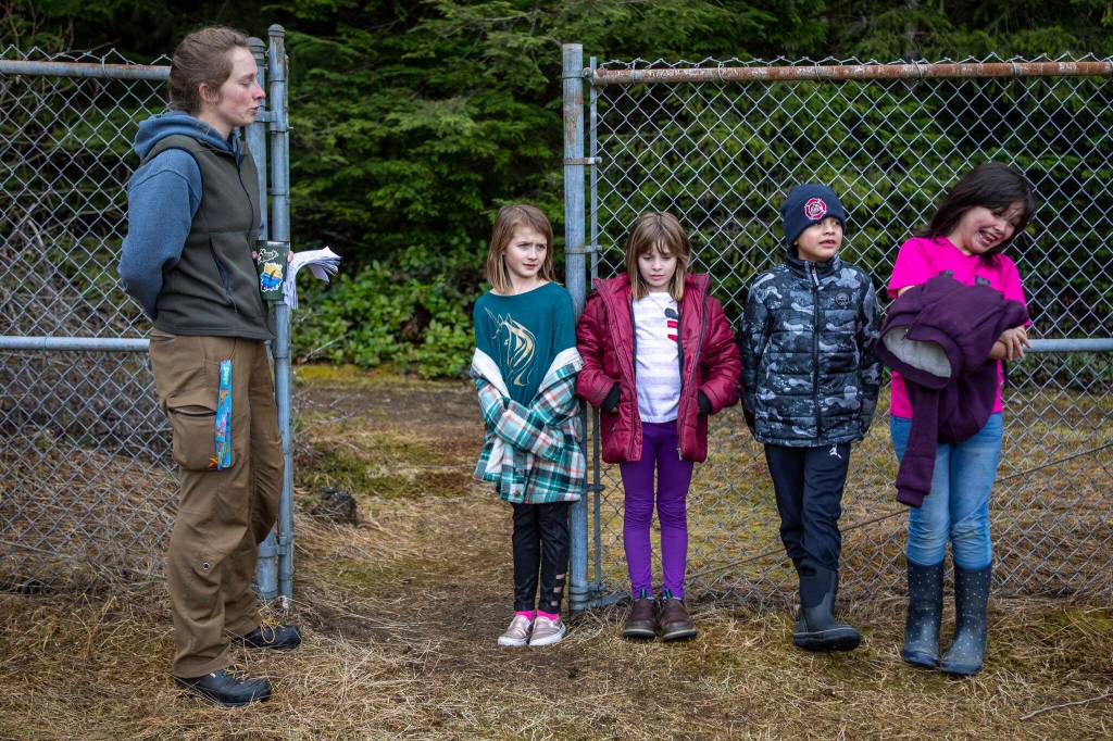 Left to right, instructor Hannah Dreesbach, Julia Hines, Emma SanCartier, Sebastian Sanchez, and Annabella Ward wait by a fence near Darrington Elementary School in Darrington on Feb. 17 in Darrington. Environmental and outdoor education lessons are woven throughout the in-school and after-school activities in this small community, thanks to the Glacier Peak Institute. The non-profit arose from community concerns in the wake of the Oso landslide disaster. (Annie Barker / The Herald)