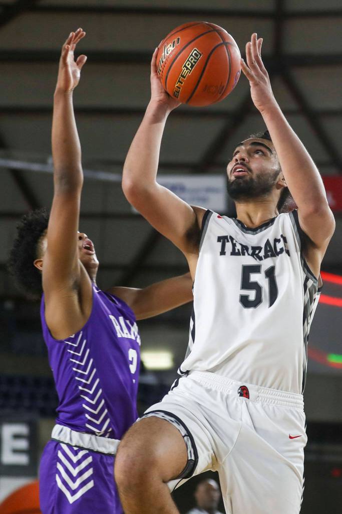 Mountlake Terraces Svayjeet Singh (51) shoots the ball during a 3A boys game in the Hardwood Classic between Mountlake Terrace and North Thurston at the Tacoma Dome in Tacoma, Washington on Wednesday, March 1, 2023. Mountlake Terrace won, 58-53. (Annie Barker / The Herald)