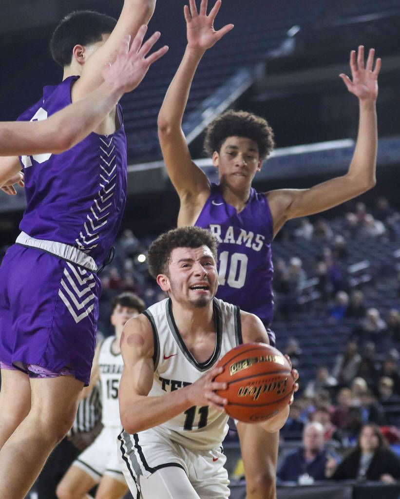 Mountlake Terraces Chris Meegan (11) shoots the ball during a 3A boys game in the Hardwood Classic between Mountlake Terrace and North Thurston at the Tacoma Dome in Tacoma, Washington on Wednesday, March 1, 2023. Mountlake Terrace won, 58-53. (Annie Barker / The Herald)