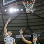Meadowdales Kaiya Dotter (3) shoots the ball during a 3A girls game in the Hardwood Classic between Meadowdale and Bonney Lake at the Tacoma Dome in Tacoma, Washington on Wednesday, March 1, 2023. Meadowdale won, 62-35.(Annie Barker / The Herald)