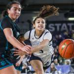 Meadowdale’s Kaiya Dotter (3) chases after the ball during a 3A girls game in the Hardwood Classic between Meadowdale and Bonney Lake at the Tacoma Dome in Tacoma, Washington on Wednesday, March 1, 2023. Meadowdale won, 62-35.(Annie Barker / The Herald)