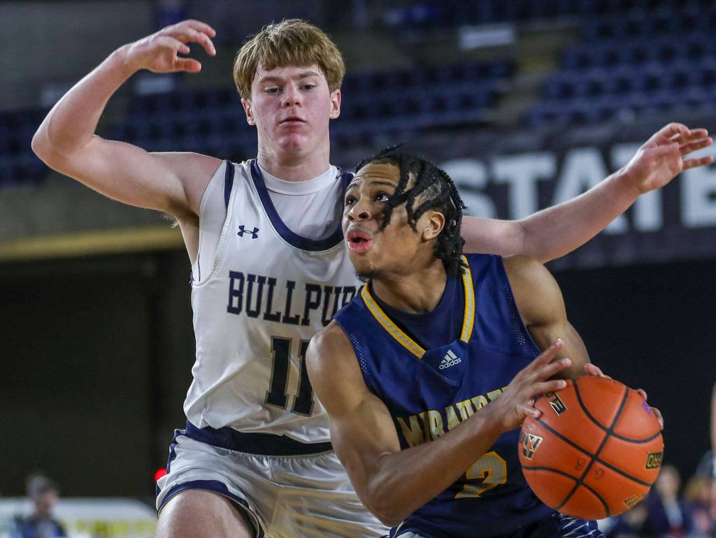 Mariners Jailin Johnson (2) fights to shoot the ball during a 3A boys game in the Hardwood Classic between Gonzaga Prep and Mariner at the Tacoma Dome in Tacoma, Washington on Wednesday, March 1, 2023. The Marauders fell, 79-69. (Annie Barker / The Herald)