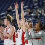 Stanwood players cheer during a 3A girls game in the Hardwood Classic between Lynnwood and Stanwood at the Tacoma Dome in Tacoma, Washington on Wednesday, March 1, 2023. Stanwood won, 74-69. (Annie Barker / The Herald)