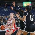 Stanwoods Ellalee Wortham (2) shoots the ball during a 3A girls game in the Hardwood Classic between Lynnwood and Stanwood at the Tacoma Dome in Tacoma, Washington on Wednesday, March 1, 2023. Stanwood won, 74-69. (Annie Barker / The Herald)