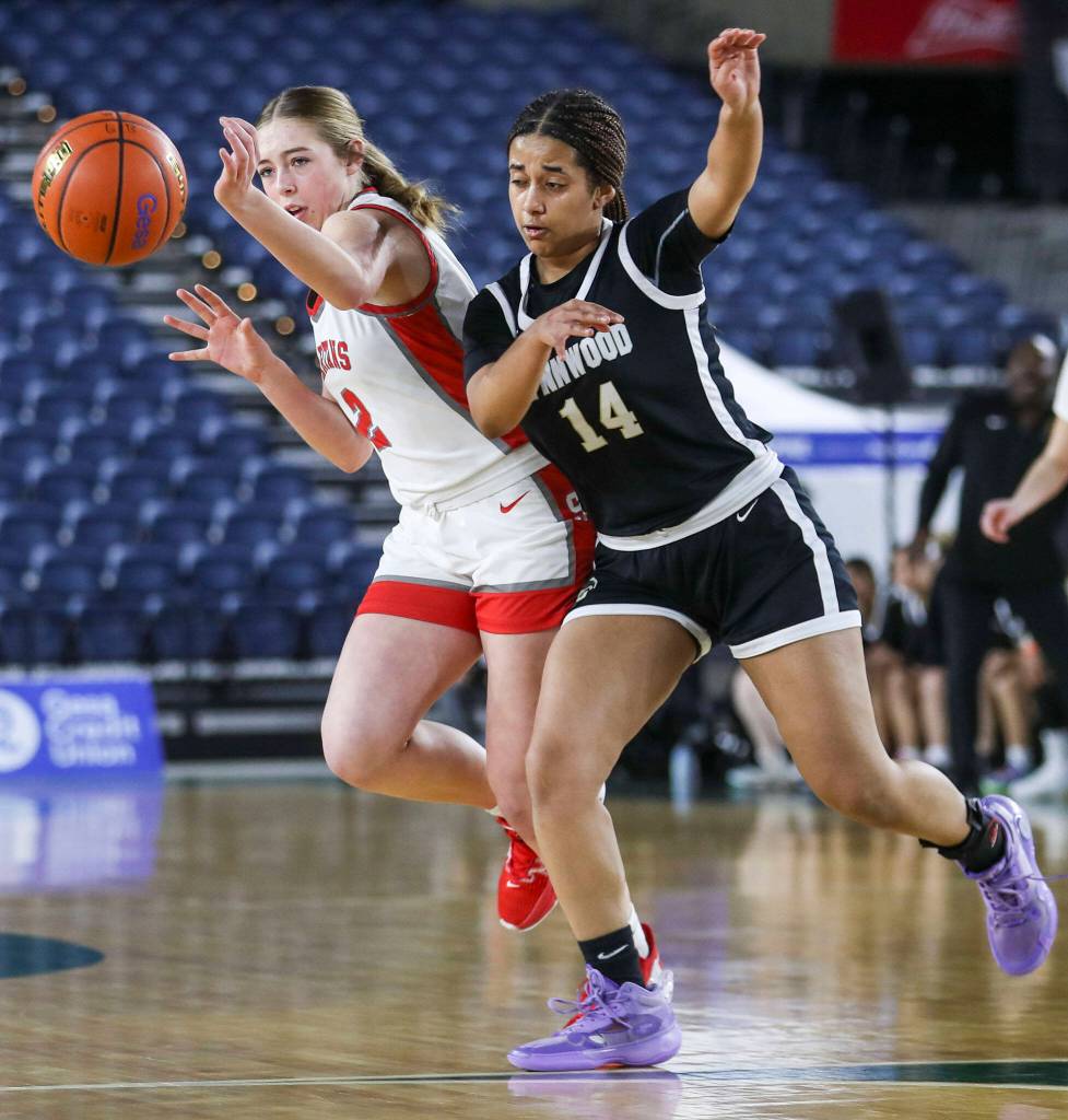 Stanwoods Ellalee Wortham (2) and Lynnwoods Dina Yonas (14) fight for the ball during a 3A girls game in the Hardwood Classic between Lynnwood and Stanwood at the Tacoma Dome in Tacoma, Washington on Wednesday, March 1, 2023. Stanwood won, 74-69. (Annie Barker / The Herald)