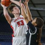 Stanwoods Vivienne Berrett (53) shoots the ball during a 3A girls game in the Hardwood Classic between Lynnwood and Stanwood at the Tacoma Dome in Tacoma, Washington on Wednesday, March 1, 2023. Stanwood won, 74-69.(Annie Barker / The Herald)
