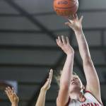 Stanwoods Vivienne Berrett (53) shoots the ball during a 3A girls game in the Hardwood Classic between Lynnwood and Stanwood at the Tacoma Dome in Tacoma, Washington on Wednesday, March 1, 2023. Stanwood won, 74-69. (Annie Barker / The Herald)