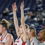 Stanwood players cheer during a 3A girls game in the Hardwood Classic between Lynnwood and Stanwood at the Tacoma Dome in Tacoma, Washington on Wednesday, March 1, 2023. Stanwood won, 74-69. (Annie Barker / The Herald)