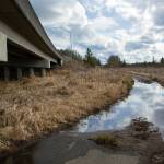 A short path flooded with water March 6 heads under U.S. 2 and guides bicyclists eastbound onto the highways unprotected shoulder near the junction with Highway 204 in Lake Stevens. A sign guides cyclists down this spur to keep them from having to cross highway traffic before merging onto the shoulder. (Ryan Berry / The Herald)