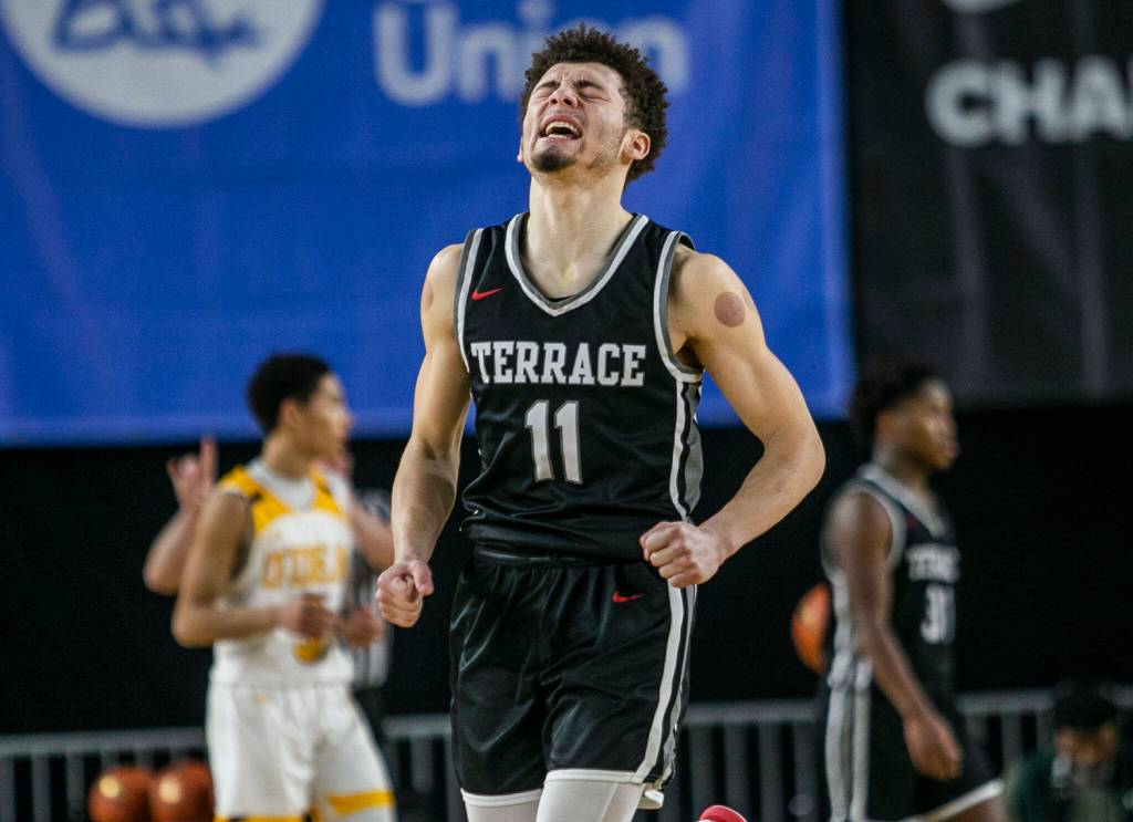 Mountlakes Chris Meegan grimaces in response to a foul call during the 3A quarterfinal game against ODea on Thursday, March 2, 2023 in Tacoma, Washington. (Olivia Vanni / The Herald)
