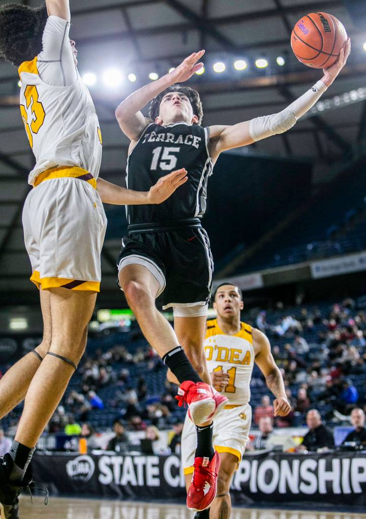 Mountlakes Jaxon Dubiel attempts a layup during the 3A quarterfinal game against ODea on Thursday, March 2, 2023 in Tacoma, Washington. (Olivia Vanni / The Herald)